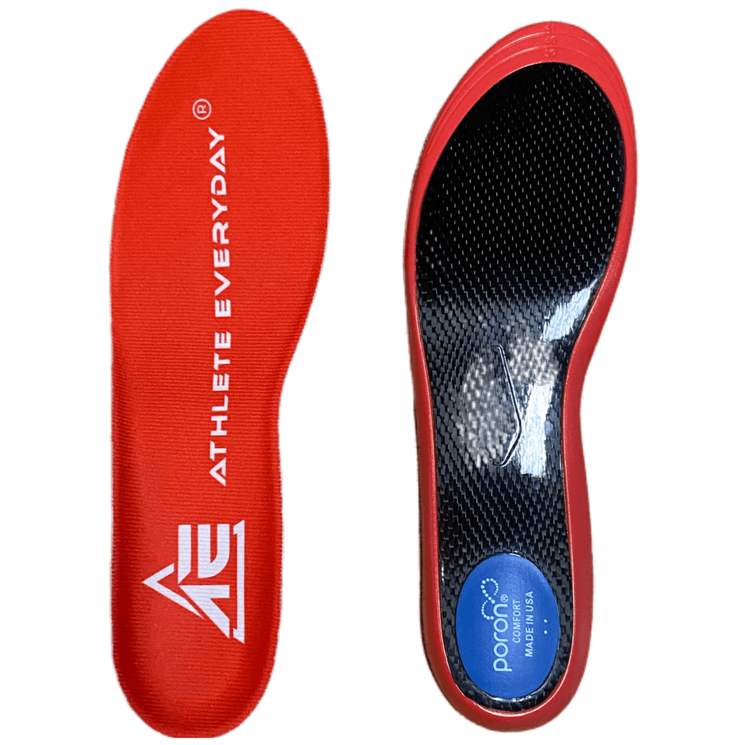 Red athletic insole with 'Athlete Everyday' branding on a white background
